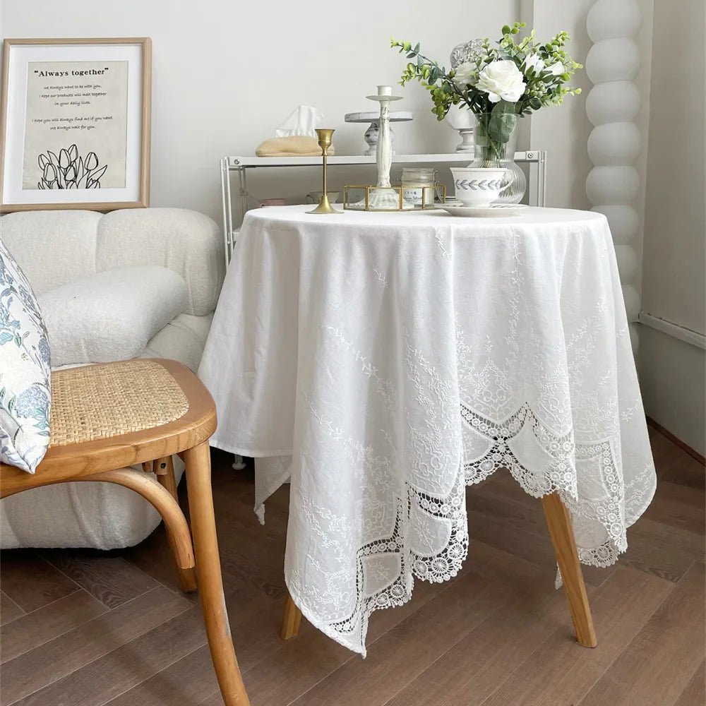 French White Embroidered Lace Tablecloth