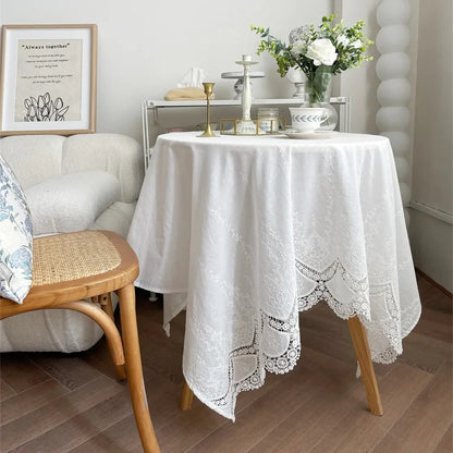 French White Embroidered Lace Tablecloth