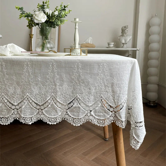 French White Embroidered Lace Tablecloth