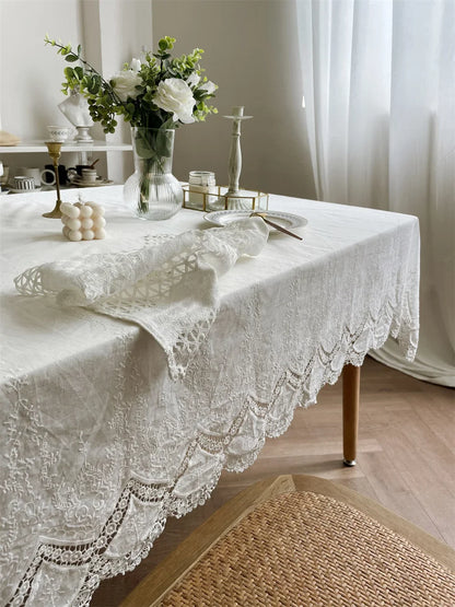 French White Embroidered Lace Tablecloth