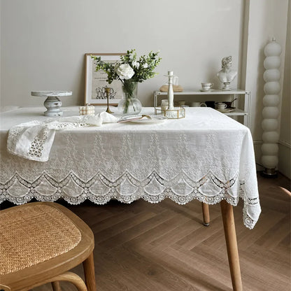 French White Embroidered Lace Tablecloth