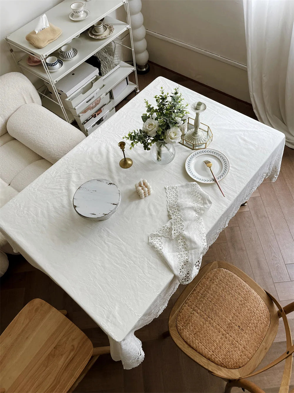 French White Embroidered Lace Tablecloth