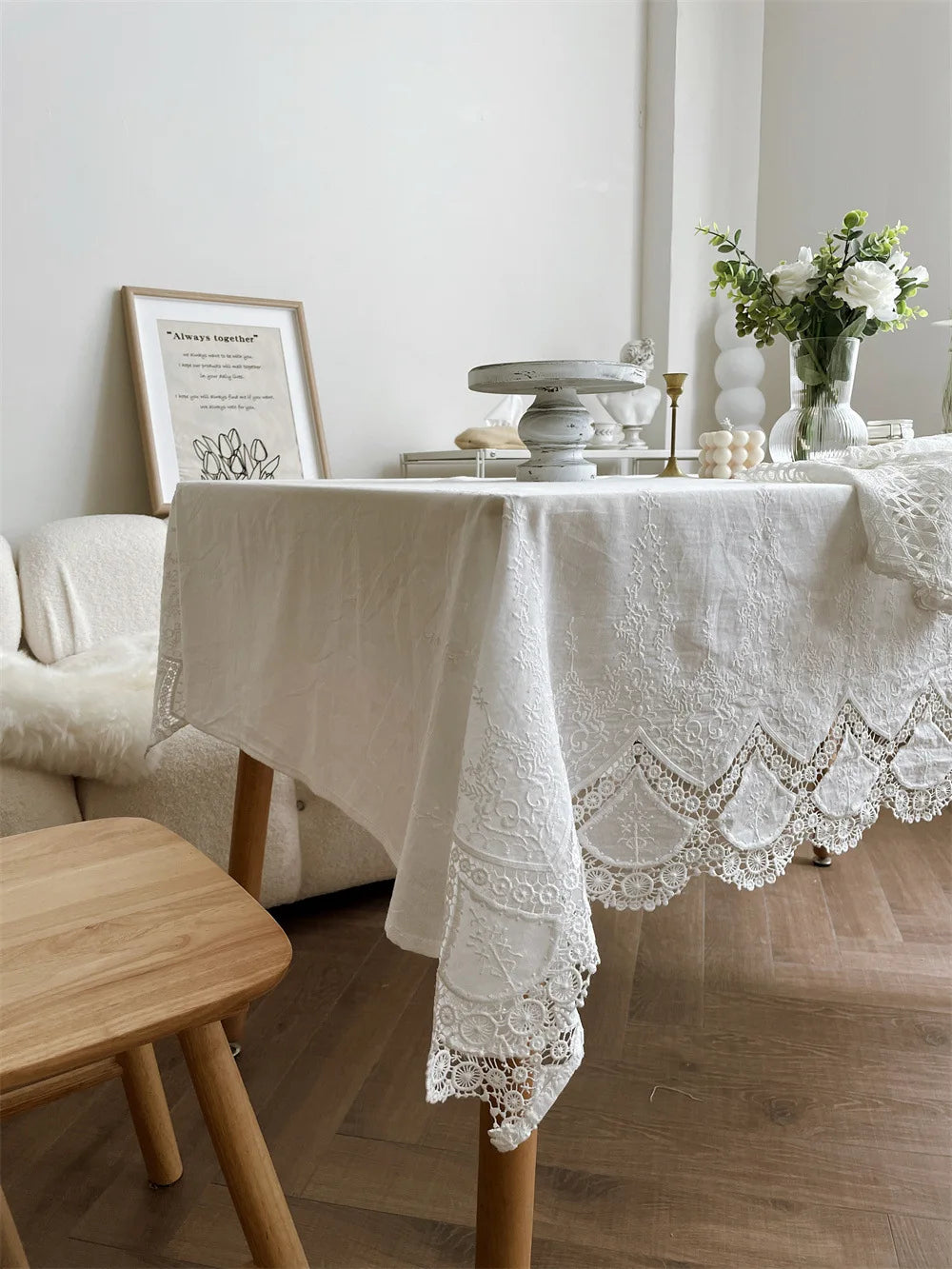 French White Embroidered Lace Tablecloth