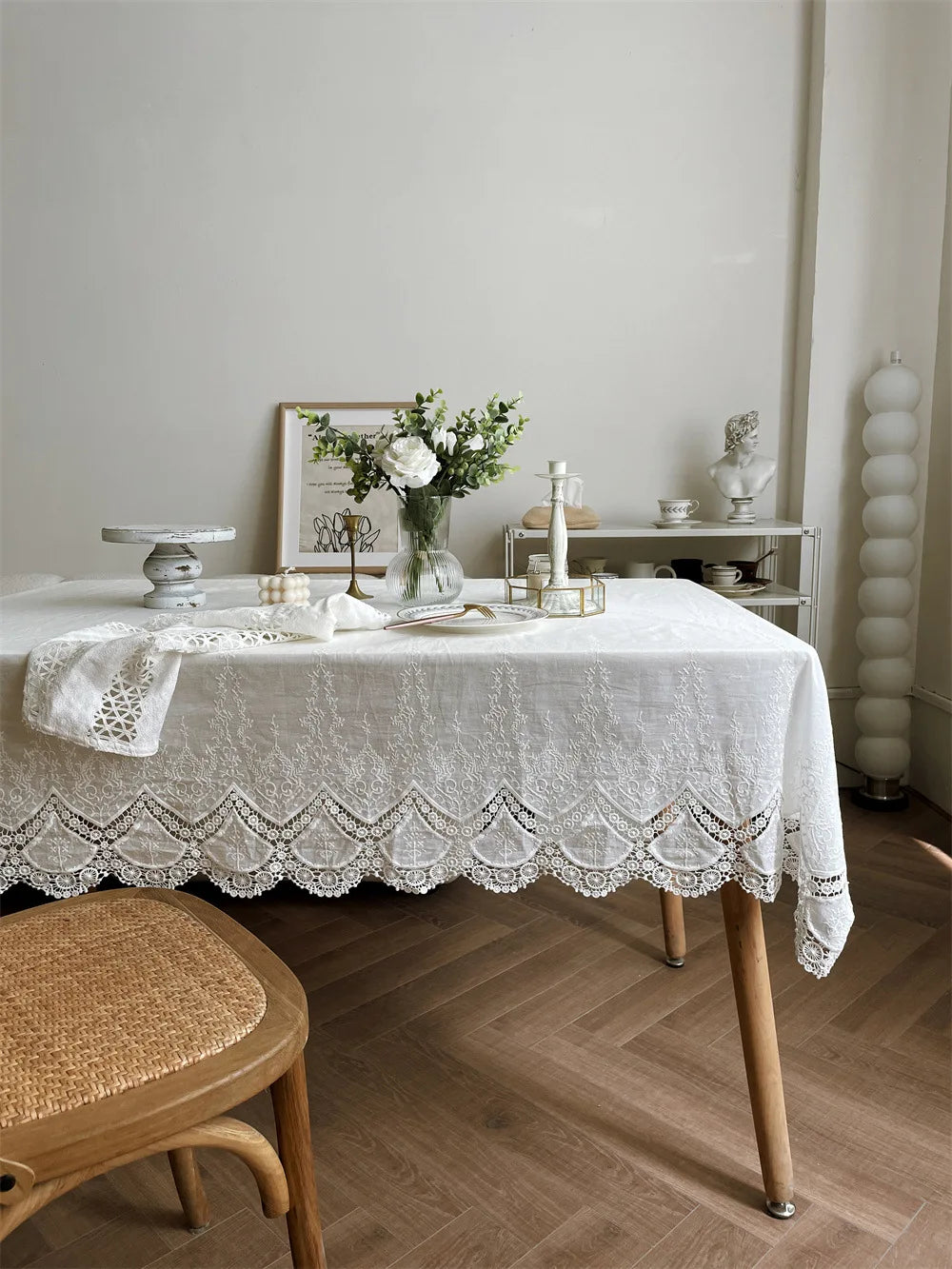 French White Embroidered Lace Tablecloth